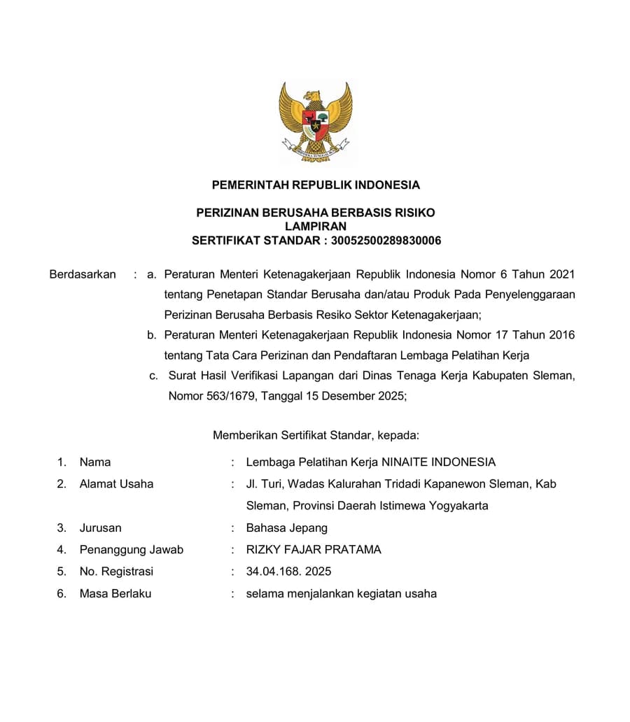 Izin Usaha LPK NINAITE Indonesia